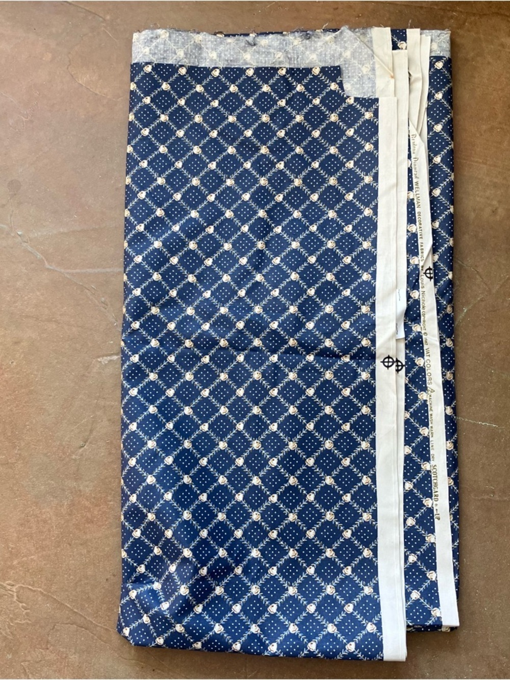 VTG 80s Blue And Tan Diamond Floral Fabric Remnant Piece Scotchgard  2 Yds